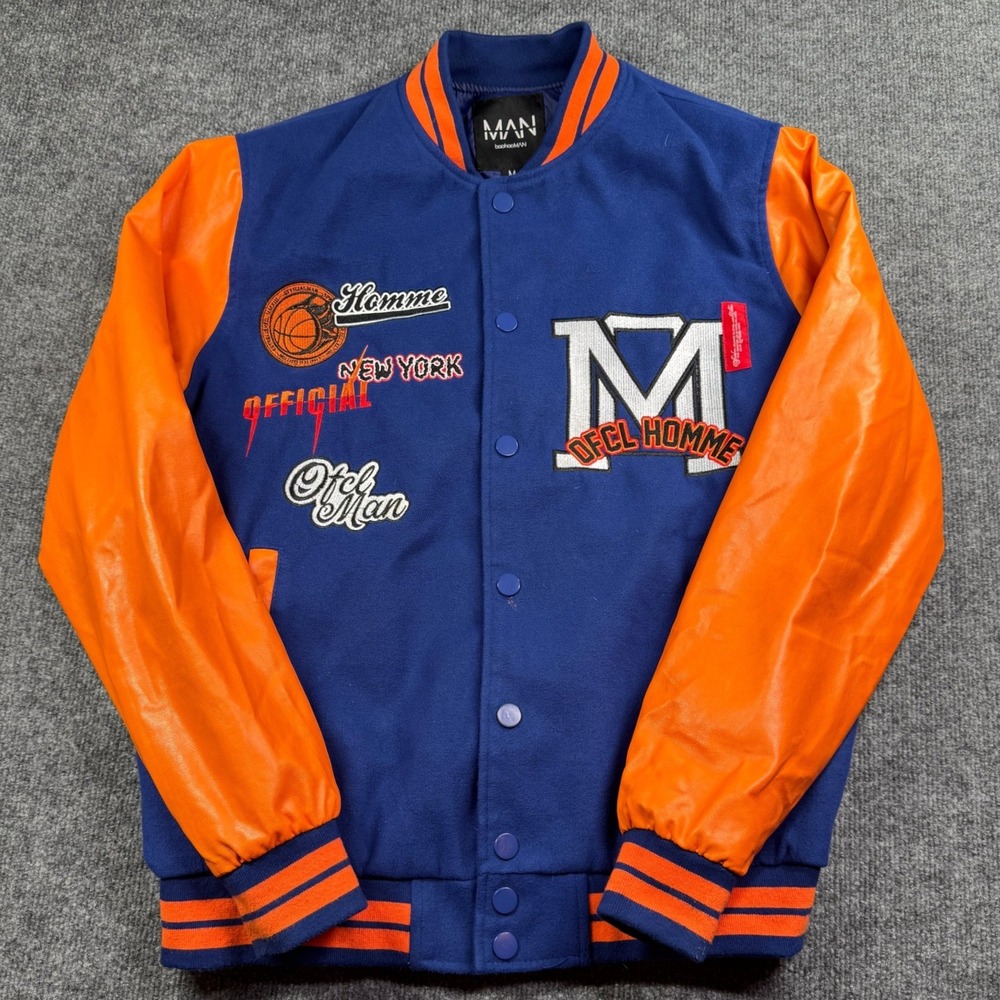 boohooMAN Varsity Jacket Mens M Blue Orange Patch Streetwear Letterman